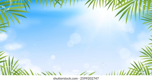 Summer Background With Blue Sky, Nature Green Bokeh, Island Light And Tropical Abstract Vector Design, Beach Travel Banner Frame With Trees, Coastal Landscape And Sunny Vacation Scene
