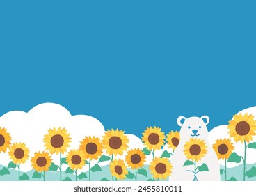 Fondo de verano de cielo azul, girasol y oso polar
