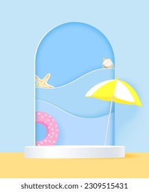 Fondo de verano con ola azul, paraguas y pez estrella. Ilustración vectorial.