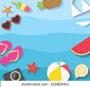 Summer background with blue waves and flat summer vector icons. Vacation or travel background for banner design