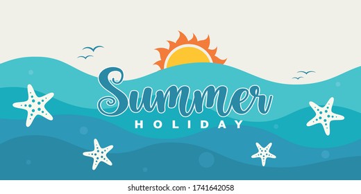 Summer background with blue waves, sun and starfish, tropical illustration