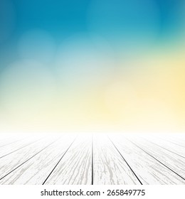 Summer background, Blue and yellow background with bokeh and white wood floor - Vector