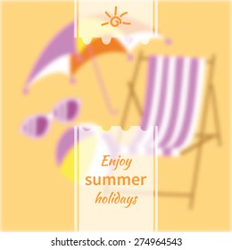 Summer background blur with a chaise longue, ball, sunglasses and umbrella