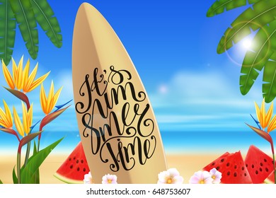 Summer background. Blury beach with fresh watermelon pieces and Strelitzia exotic flowers. Vector illustration
