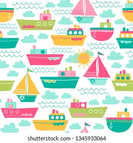 Summer background with boats and sun. Seamless vector pattern with sailboats, waves and clouds.