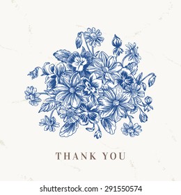 Summer background with a bouquet of flowers in blue on a white background. Vintage style. Botanical illustration. Violets, daisies, chrysanthemums.