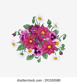 Summer background with a bouquet of flowers on a white background. Vintage style. Botanical illustration. Violets, daisies, chrysanthemums.