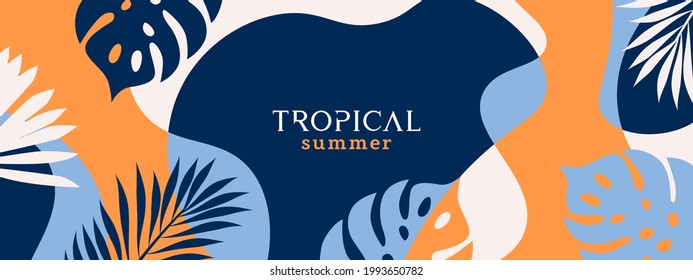 Summer background with bright abstract tropical leaves with overlay effect. Modern minimalist style design template for sales, horizontal poster, header, cover, social media, fashion ads