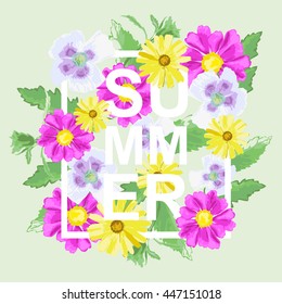 Summer background with bright flowers, design element. Can be used for cards, scrapbooking, print, posters, flyers, textile design, banners, manufacturing. Decorative flowers in watercolor style