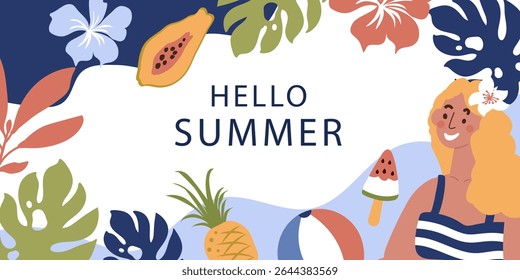 Summer  background with bright tropical plants.  Vector illustration in flat style.