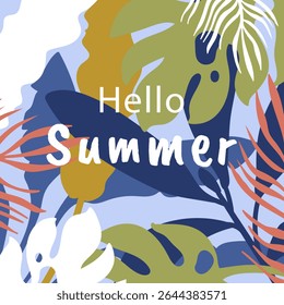 Fundo de verão com plantas tropicais brilhantes.  Ilustração vetorial em estilo plano.