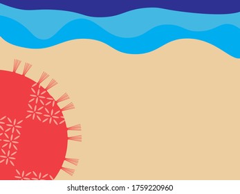 Sommerhintergrund, brauner Sand, blaue Meereswellen und runde Badetücher