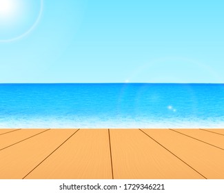 Summer background with brown wooden table on the beach. Waving ocean in the background with sunshine. Empty space for the copy.