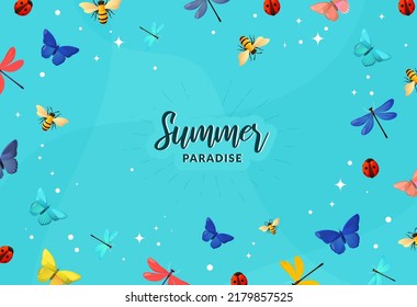 Summer background with butterflies bees dragonflies