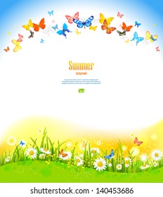 Summer background with butterflies and flowers