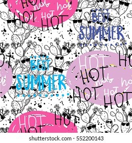Summer background. Cacti. Sunglasses. Stylish freehand drawing. Best summer.