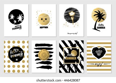 Summer background calligraphy card set.
Trendy style with hand-lettering Hello Summer words.
Black, white, gold colored cards with palm leaves and sun.
Banner template for flat design. Vector