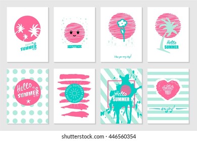 Summer background calligraphy card set.
Trendy style with hand-lettering Hello Summer words.  Green, white, pink colored cards with palm leaves and sun. Vector
Banner template for flat design. 