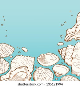 Summer background. Card with seashell and stones