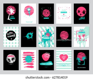 Summer background card set.
Trendy style with hand-lettering Hello Summer words.
Black, white, green and pink colored cards with palm leaves and sun.
Banner template for flat design. Vector