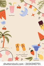 Verão, fundo, cartão de elementos de tendência: sol, palmeira, sobremesa, copos, sorvete. Arte moderna na moda. Cartoon, arte minimalista, abstrata estilo Nouveau. modelo de arte para impressão de verão 