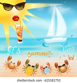 Summer background card.cute happy sunglasses crab,claws,dolphin,starfish,yacht,cocktail,sun,lips sea beach.Logo,seafood.Marine reptile.Funny monster animal print.vector illustration.Comic characters.
