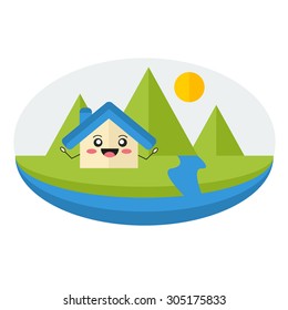 Summer background with cartoon house