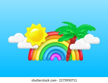 Summer background with cartoon sun, clouds, rainbow and palm tree