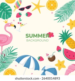 Summer Background with Cartoon Tropical Elements. Colorful Summer Vector Illustration.