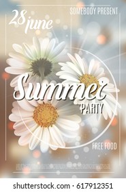 Summer background with chamomile and delicate blurred shining backdrop. Summer party poster concept. Template for banners, web, flyer, voucher. Vector illustration.
