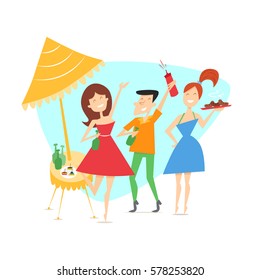 Summer background with cheerful friends, beers, canapes, sausage on the picnic outdoors. Vector characters in mid-century style. 1950s.