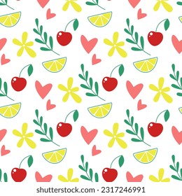 Summer background with cherry, lemon, flowers and herbs seamless pattern. Colorful berry fruit background. Tropical print for textile, packaging, paper, vector illustration