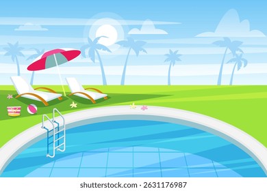 Summer background with circle pool resort landscape, umbrella and chaise lounges. Vector flat cartoon illustration. Travel, beach club banner or poster design elements