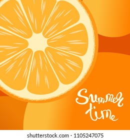 Summer background with citrus slices on an orange background, oranges and the inscription summer time