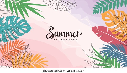 Summer background clipart abstract design. Tropical summer abstract leaves background clip art with colorful leaf drawing outline like monstera, palm, coconut and banana graphic elements vector 