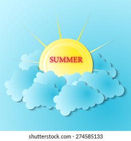 Summer Background With Clouds And Sun vector illustration paper grarhic 3d. eps 10