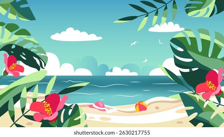 Summer background with coast, flowers and tropical trees foliage in vector, flat style.