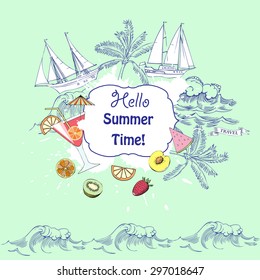 Summer background with cocktail glass, fruit and ships. Vector Illustration