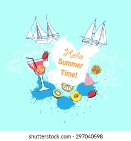 Summer background with cocktail glass, fruit and ships. Vector Illustration