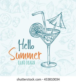 Summer background with cocktail . hand drawn