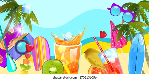 Summer background with cocktails, sunglasses, fruit, camera, surfboard, palm. Tropical beach party banner with cold beverages, ice, sand, kiwi, strawberry. For advertisements, web and sale flyers