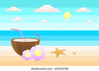 Summer background, coconut cocktail on a beach