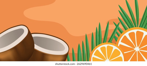 Fondo de verano. Coco, hojas de palma y naranjas sobre fondo de arena.