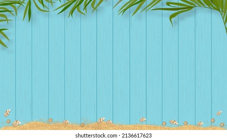 Summer background with Coconut plam leaf, seashells and sand beach on blue wooden panel background, Vector horizon banner flat lay banner with leaves on wood plank texture for Summer sale