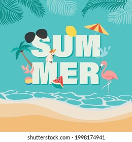 Summer background with coconut tree, flamingo ,fruit on the beach