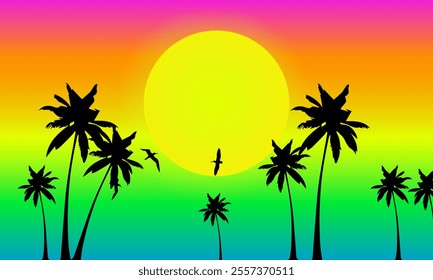 Summer background of coconut tree silhouettes and birds