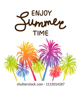 Summer background with color palm trees silhouettes