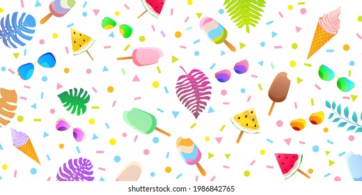 Summer background with colored popsicles, icecream in waffle cones, pieces of watermelon, glasses and palm leaves.