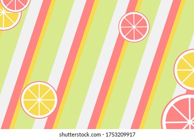 Fondo de verano. Rayas de colores con rodajas de naranja y limón. Cartel, afiche, afiche, fondo.Ilustración vectorial