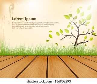 Summer Background. Colorful Art Backdrop with Grass, Tree, Wooden Floor and Grunge Wall.
